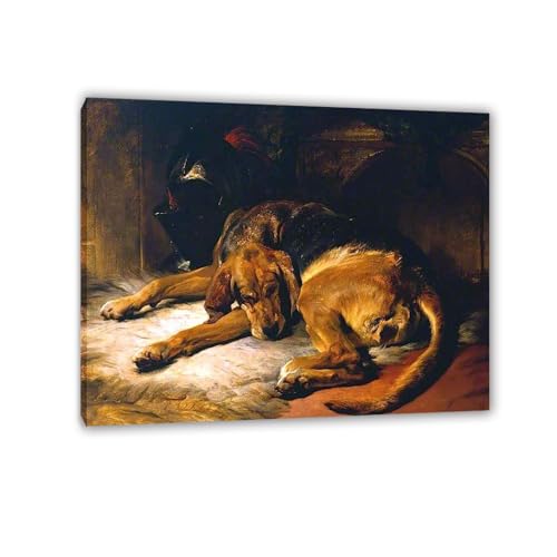 MYCGGDGH Edwin Landseer Kunstdrucke auf Leinwand Schlafender Bluthund Druck auf Leinwand Berühmte Gemälde Reproduktion Tiere bilder Wandkunst Wohndeko50x40cm(20x16in) Gerahmt von MYCGGDGH