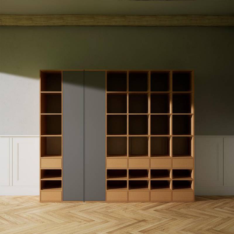 Bücherregal Eiche - Modernes Regal für Bücher: Schubladen in Eiche & Türen in Grau - 272 x 232 x 47 cm, konfigurierbar von MYCS