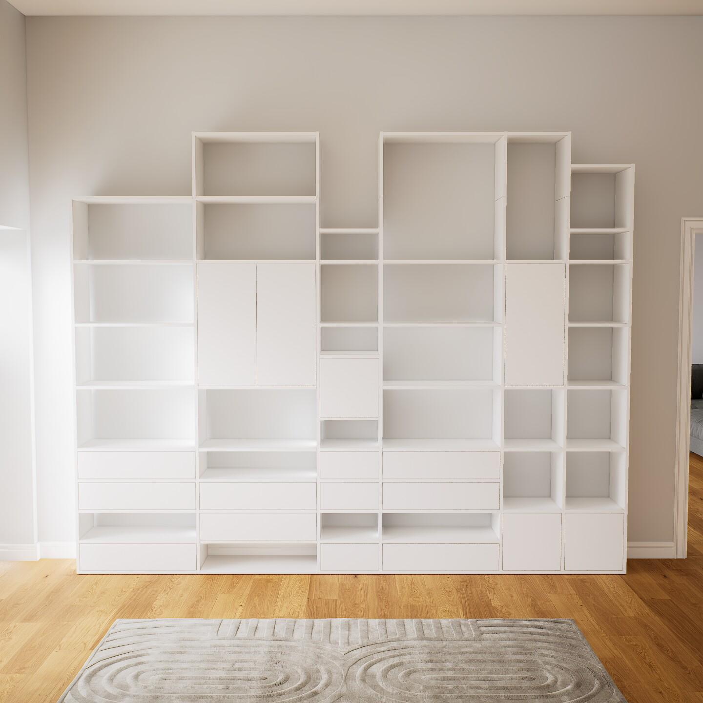 Bücherregal Weiß - Modernes Regal für Bücher: Schubladen in Weiß & Türen in Weiß - 341 x 272 x 34 cm, konfigurierbar von MYCS