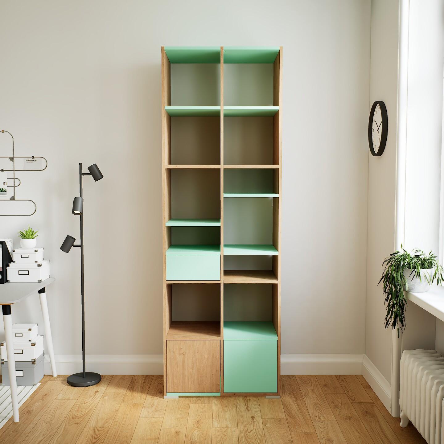 Hochschrank Taupe - Moderner Schrank: Schubladen in Mint & Türen in Eiche - Hochwertige Materialien - 79 x 234 x 47 cm, konfigurierbar von MYCS
