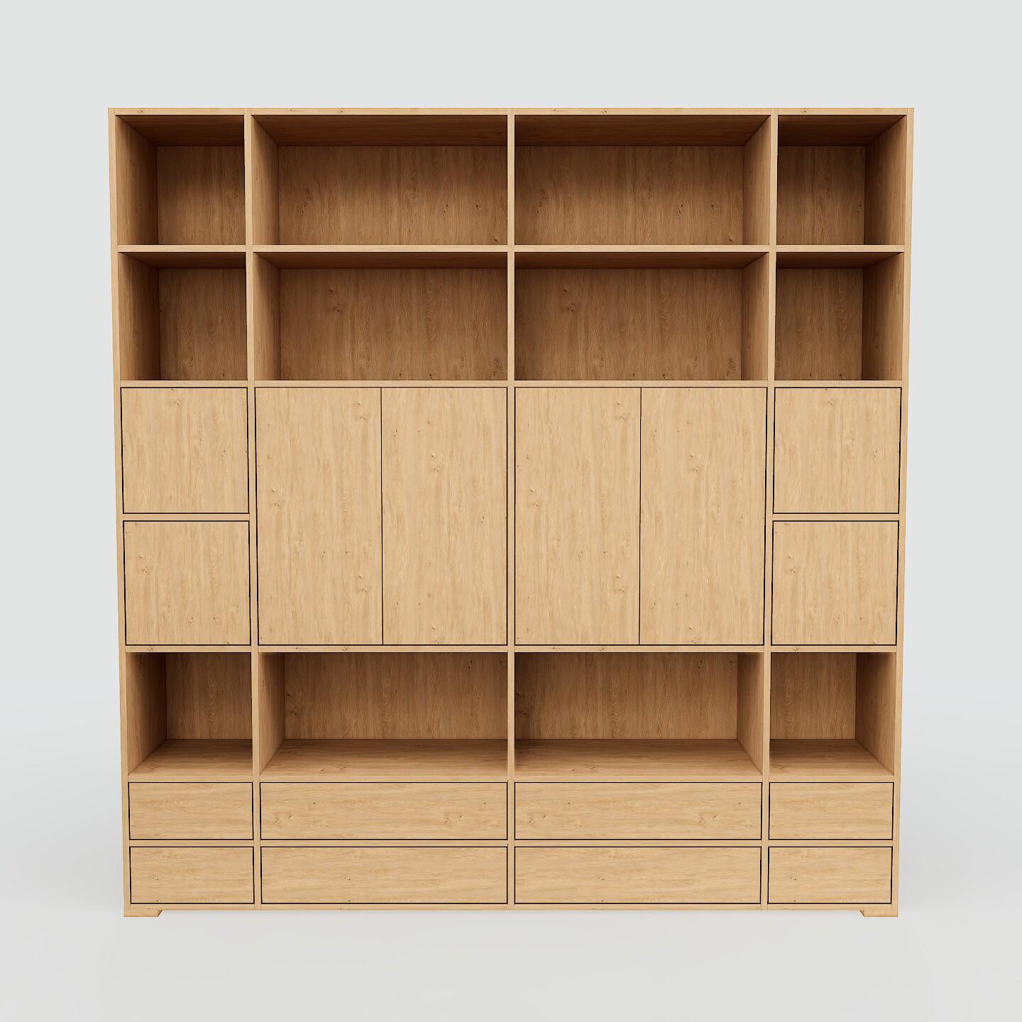 Holzregal Eiche - Modernes Regal: Schubladen in Eiche & Türen in Eiche - 228 x 234 x 47 cm, Personalisierbar von MYCS