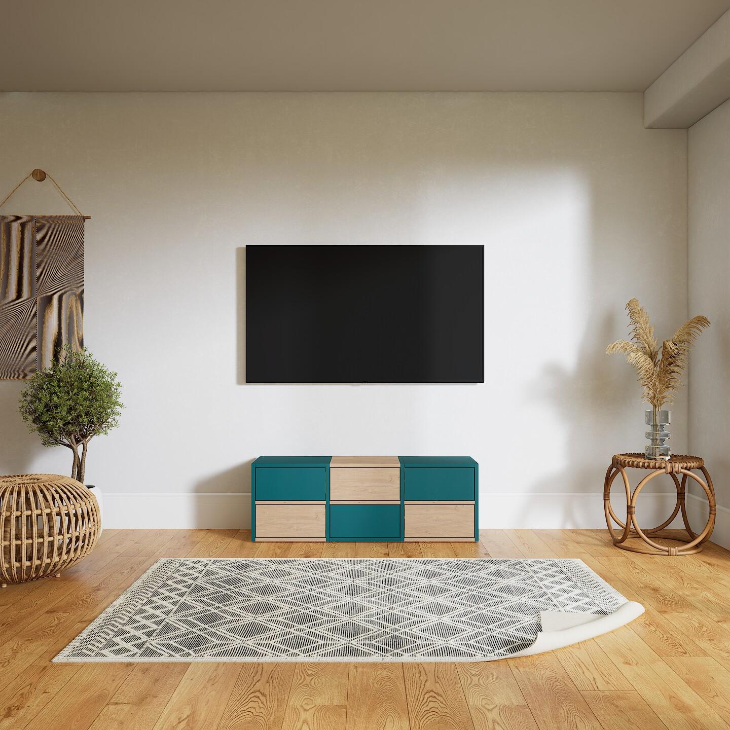 Wohnwand Blaugrün - Individuelle Designer-Regalwand: Schubladen in Eiche - Hochwertige Materialien - 118 x 41 x 34 cm, Konfigurator von MYCS
