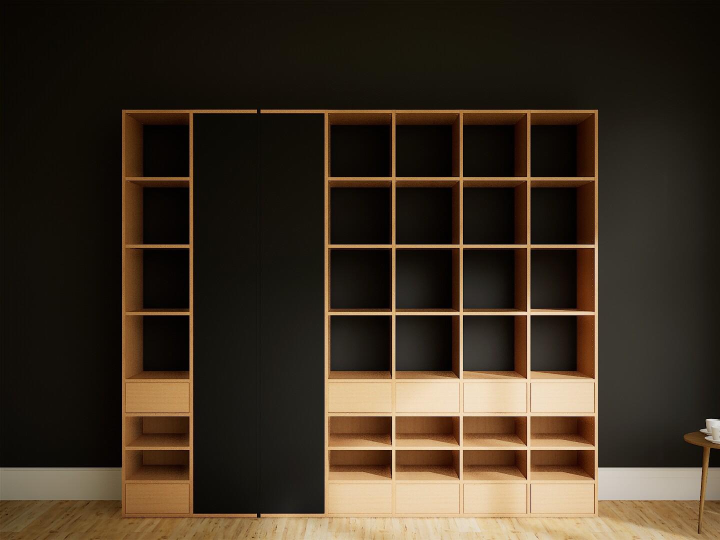 Bücherregal Buche - Modernes Regal für Bücher: Schubladen in Buche & Türen in Schwarz - 272 x 233 x 47 cm, konfigurierbar von MYCS
