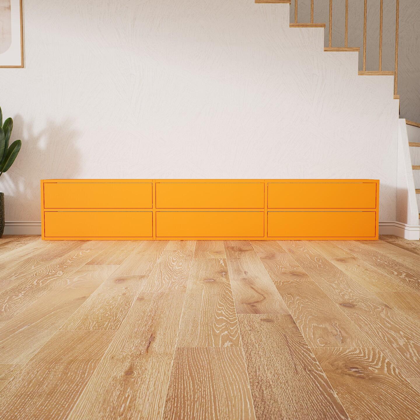 Wohnwand Gelb - Individuelle Designer-Regalwand: Schubladen in Gelb - Hochwertige Materialien - 226 x 41 x 34 cm, Konfigurator von MYCS