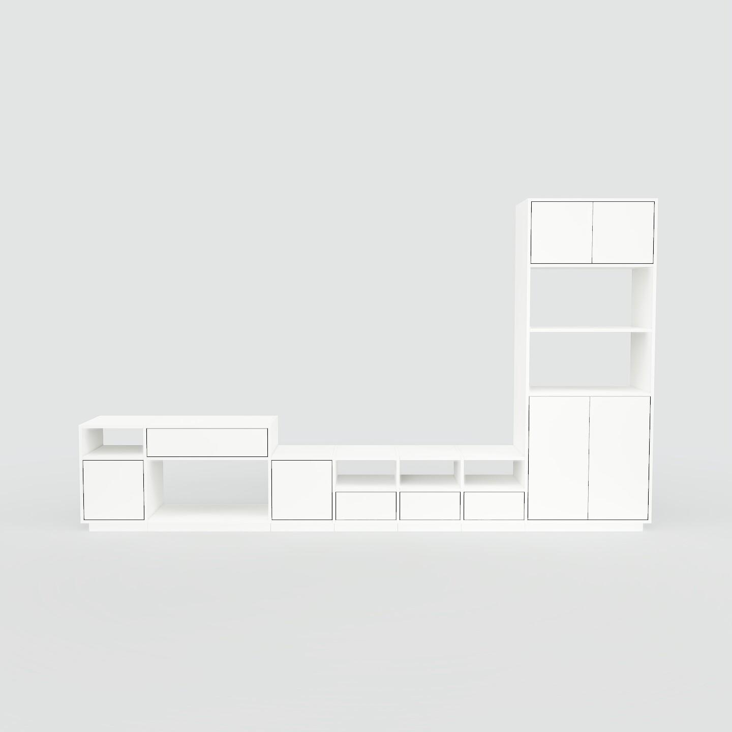 Wohnwand Weiß - Individuelle Designer-Regalwand: Schubladen in Weiß & Türen in Weiß - Hochwertige Materialien - 344 x 200 x 47 cm, Konfigurator von MYCS