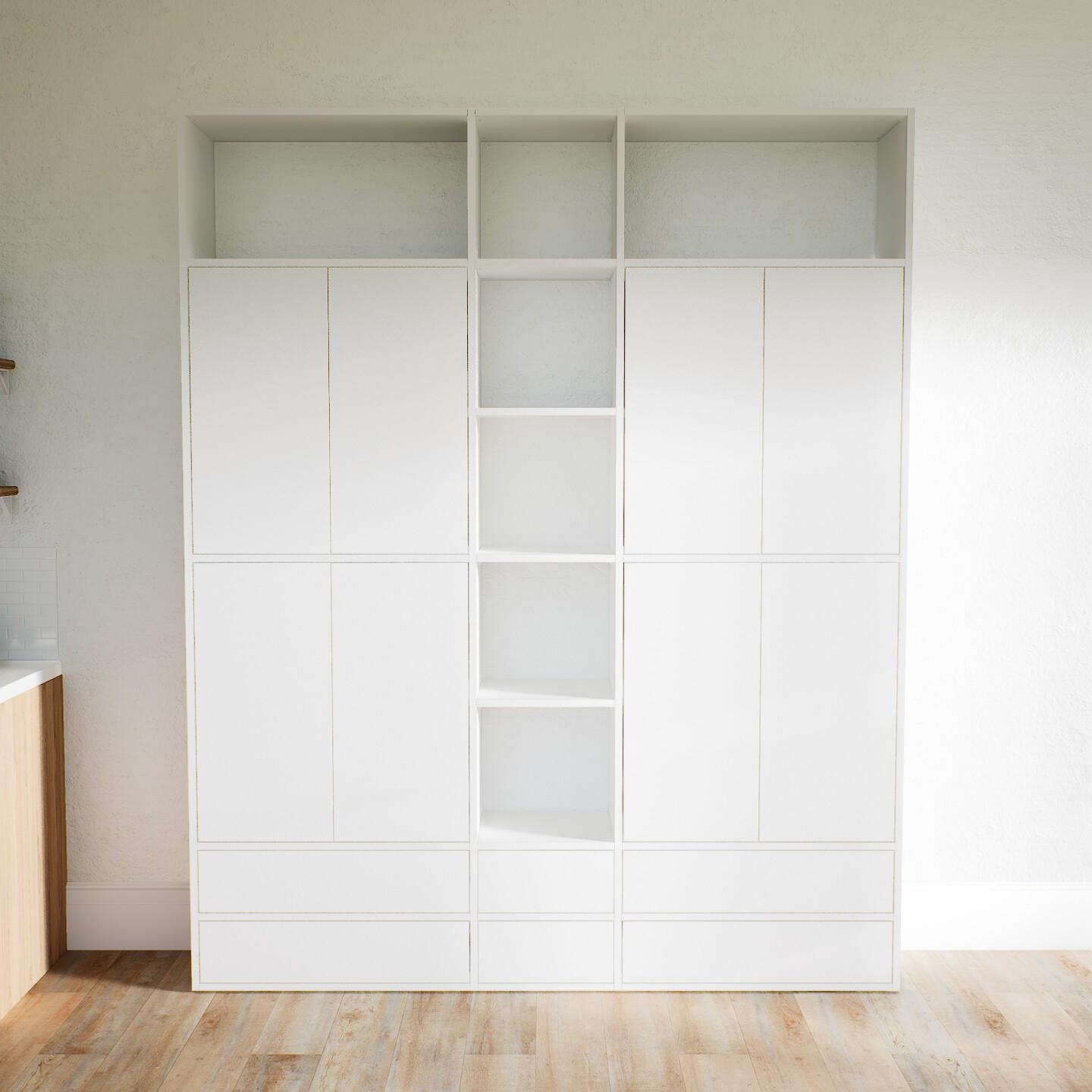 Wohnwand Weiß - Individuelle Designer-Regalwand: Schubladen in Weiß & Türen in Weiß - Hochwertige Materialien - 190 x 233 x 34 cm, Konfigurator von MYCS