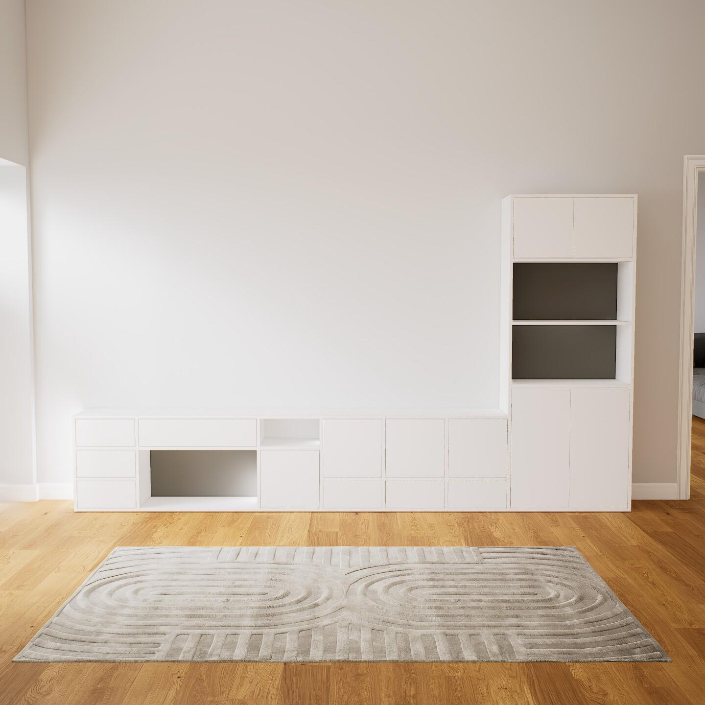 Wohnwand Weiß - Individuelle Designer-Regalwand: Schubladen in Weiß & Türen in Weiß - Hochwertige Materialien - 344 x 194 x 34 cm, Konfigurator von MYCS