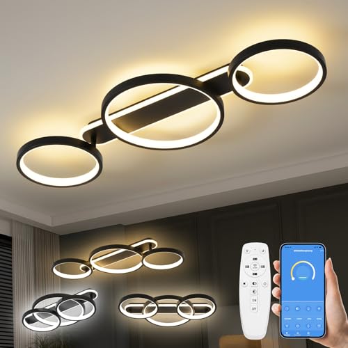 LED Deckenlampe,Dimmbar Deckenleuchte Mit Fernbedienung APP,Einstellbar Ringform Wohnzimmerlampe 3 Flammig Kronleuchter Lampe,36W 3000-6500K deckenbeleuchtung für Schlafzimmer Wohnzimmer,Schwarz 78cm von MYCUL