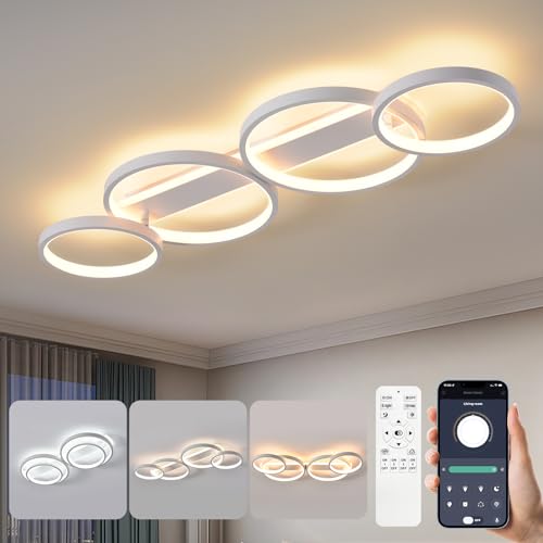 LED Deckenlampe,Dimmbar Deckenleuchte Mit Fernbedienung APP,Einstellbar Ringform Wohnzimmerlampe 4 Flammig Kronleuchter Lampe,48W 3000-6500K deckenbeleuchtung für Schlafzimmer Wohnzimmer,Weiß 86cm von MYCUL