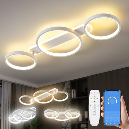LED Deckenleuchte,Dimmbar Deckenlampe Mit Fernbedienung APP,Einstellbar Ringform Wohnzimmerlampe 3 Flammig Kronleuchter Lampe,36W 3000-6500K deckenbeleuchtung für Schlafzimmer Wohnzimmer,Weiß 78cm von MYCUL
