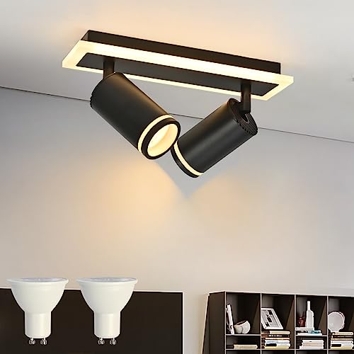 LED Deckenstrahler 2 Flammig Schwenkbar 350°, Deckenleuchte mit unteres Glühen 7W+2x5W GU10 Spots,3000K Warmweiß Deckenlampe strahler,Modern Deckenspot Lampe,Spotleuchte for Kitchen, Matte Black von MYCUL