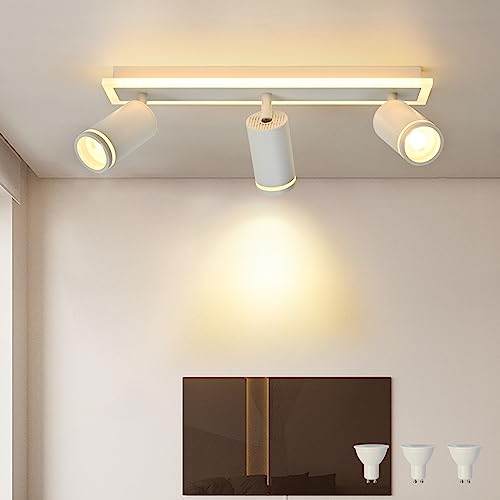 LED Deckenstrahler 3 Flammig Schwenkbar 350°,Deckenleuchte mit unteres Glühen 10W+3x5W GU10 Spots,3000K Warmweiß Deckenlampe strahler,Modern Deckenspot Lampe,Spotleuchte wand für Küche,Wohnzimmer Weiß von MYCUL