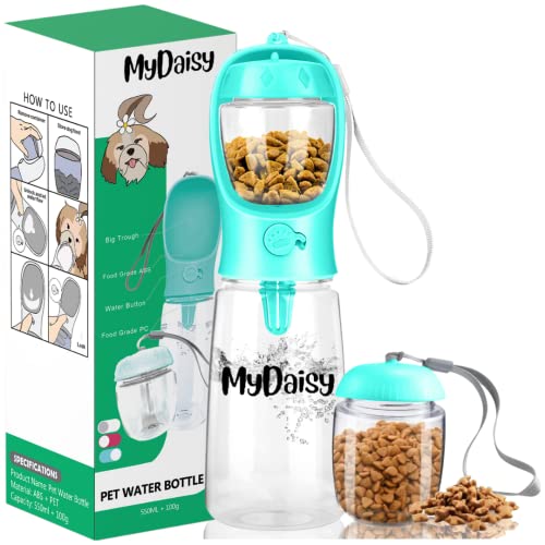 MYDAISY Spülmaschinenfest Trinkflasche Hunde für Unterwegs 550ml mit 100g Futterbehälter - Auslaufsichere Hunde Trinkflasche Geeignet für Hunde und Welpen - Hundezubehör to Go von MYDAISY