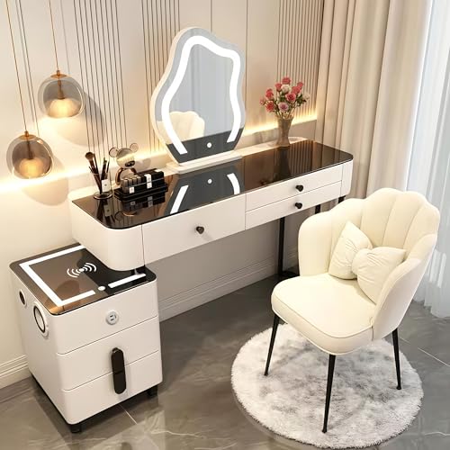 MYDD8 Frisiertisch Set Mit Kabelloser Aufladung, Bluetooth-Audio, Schminktisch Mit Beleuchtung Und Hocker,Schminktisch 100 cm Breit Mit 6 Schubladen,Geschenke für Töchter von MYDD8