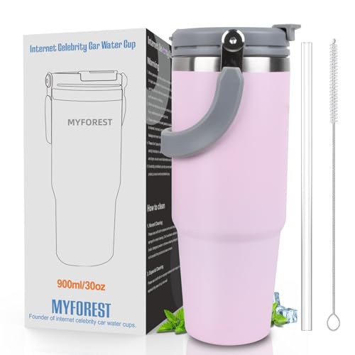 MYFOREST 400ml Reise-Kaffeebecher, isolierter Becher mit Deckel/tragbarem Riemen/Doppelschicht-Vakuum/auslaufsicher/Halt 6 Stunden heiß/100% (900ml Pink) von MYFOREST