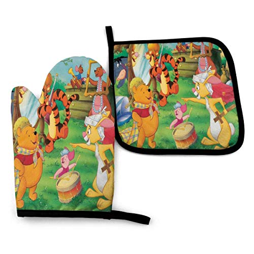 MYGED Winnie Pooh Ofenhandschuhe und Topflappen-Sets Hängende rutschfeste, hitzebeständige 2-teilige Sets für die Küche BBQ Kochen Backen Grillen Maschine Waschbar von MYGED