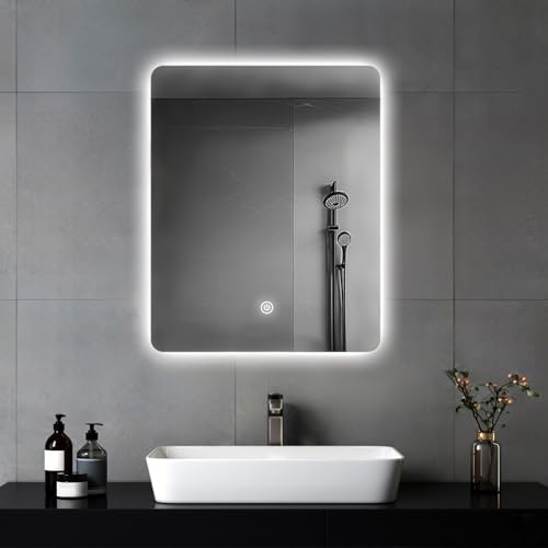 MYGIIVOVO Badezimmer Wandspiegel, Badspiegel Mit Beleuchtung, 60 x 45 cm Spiegel mit LED Licht, Touch Schalter und 3 Farben Dimmbar (Rechteck) von MYGIIVOVO