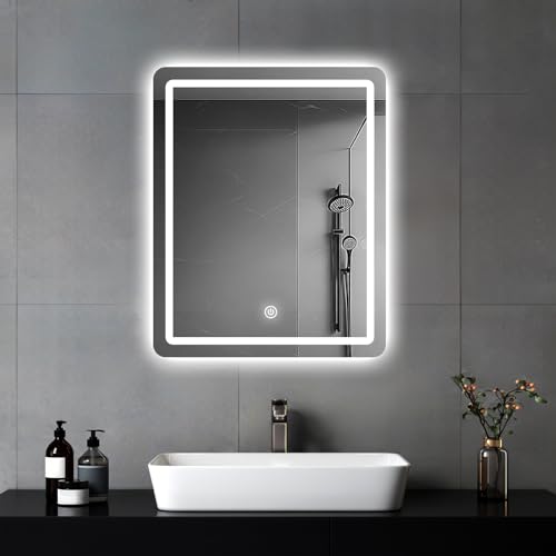 MYGIIVOVO Badezimmer Wandspiegel, Badspiegel Mit Beleuchtung, Spiegel mit LED Licht, Touch Schalter und 3 Farben Dimmbar (60L x 45B cm) von MYGIIVOVO