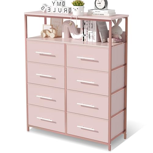 MYGIIVOVO Kommode mit offenem Regal, Kommode für Schlafzimmer mit 8 Stoffschubladen, hoher Aufbewahrungs-Organizer für Wohnzimmer mit Holzplatte, Stoffbehältern und Metallrahmen (Rosa) von MYGIIVOVO