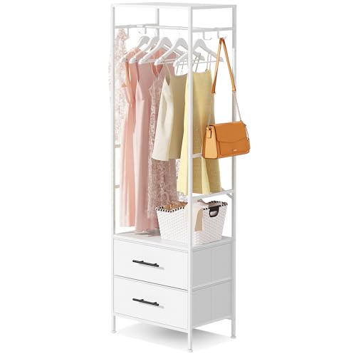 MYGIIVOVO Offener Kleiderschrank, Kleiderstange mit Schubladen für Schlafzimmer, mit 2 weißen Stoffschubladen, 4 Seitenhaken und Metallrahmen, 30D x 50B x 172H cm von MYGIIVOVO