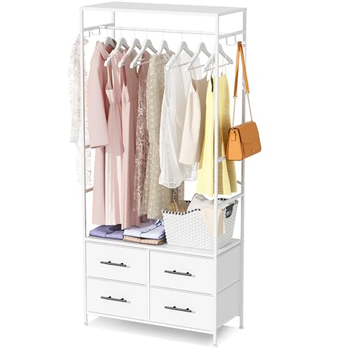 MYGIIVOVO Offener Kleiderschrank, Kleiderstange mit Schubladen für Schlafzimmer, mit 4 weißen Stoffschubladen, 4 Seitenhaken und Metallrahmen, 30D x 80B x 172H cm von MYGIIVOVO