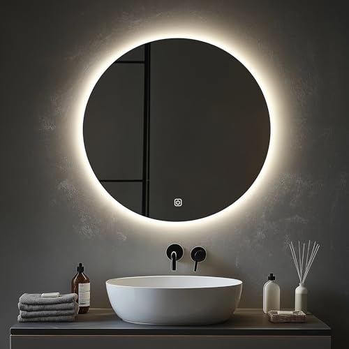 MYGIIVOVO Rund Badezimmer Wandspiegel, Badspiegel Mit Beleuchtung, 50cm Spiegel mit LED Licht, Touch Schalter und 3 Farben Dimmbar von MYGIIVOVO