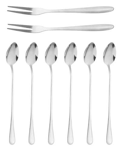 MYGLOAR 8-teiliges Latte-Macchiato-Löffel- und Obstgabel-Set, 19,5 cm Edelstahl-Eislöffel, Joghurtlöffel, Teelöffel mit langem Griff, Teelöffel, polierter Edelstahl, zum Rühren von Eistee von MYGLOAR