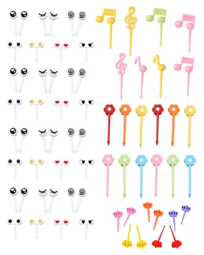 MYGLOAR 80 Stück zu, Essensspießer, Obstgabeln, Cartoon-Augen-Obstgabeln, Kuchenspießer für Kinderessen, Wiederverwendbare Zahnstocher, geeignet für Desserts, Obstgebäck, Kinderpartys von MYGLOAR