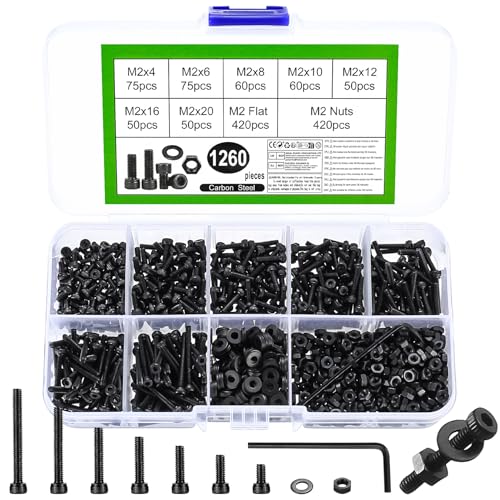 1260 Stück M2 Schrauben Set, Innensechskantschrauben Muttern Set, Zylinderkopfschrauben und Muttern und Unterlegscheiben Set, Gewindeschrauben Set mit Muttern, Schwarz Maschinenschrauben Sortiment von MYHongLe