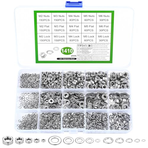 1410 Stk Edelstahl Unterlegscheiben Set & Sechskantmuttern & Edelstahl Federringe, M2 M3 M4 M5 M6 Flache Unterlegscheiben Set, Selbstsichernd Muttern, Federscheiben Sortiment Kit (Silber) von MYHongLe