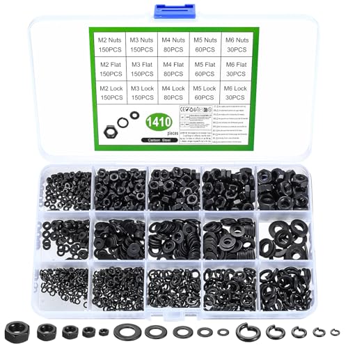 1410 Stk Carbonstahl Unterlegscheiben Set & Sechskantmuttern & Carbonstahl Federringe, M2 M3 M4 M5 M6 Flache Unterlegscheiben Set, Sicherungsmuttern, Sicherungsscheiben Sortiment(Schwarz) von MYHongLe