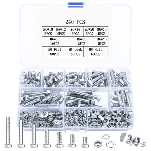 240 Stück M6 Schrauben Set, Sechskantschrauben Muttern Set, Sechskant Schrauben und Muttern Set mit Unterlegscheiben Set, Gewindeschrauben mit Muttern Set, Maschinenschrauben Sortiment von MYHongLe