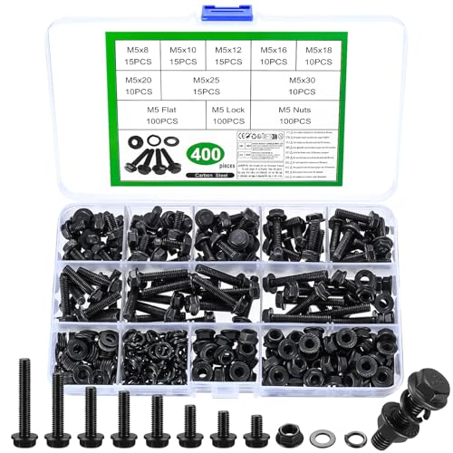400 Stk M5 Schrauben Set, Flanschschrauben Muttern Set, Sechskantschrauben und Muttern Set, Linsenkopfschrauben mit Flanschmuttern mit Unterlegscheiben Set, Schwarz Gewindeschrauben Sortiment von MYHongLe