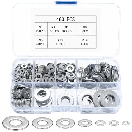 460 Stück Flache Unterlegscheiben Set, Beilagscheiben Sortiment, Kohlenstoffstahl Sicherungsscheiben Türscharnier Sortiment, Metallscheiben Distanzscheiben, M3 M4 M5 M6 M8 M10 M12 von MYHongLe