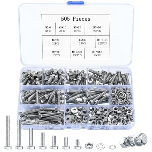 505 Stück M5 Schrauben Set, Sechskantschrauben Muttern Set, Sechskant Schrauben und Muttern Set mit Unterlegscheiben Set, Gewindeschrauben mit Muttern Set, Maschinenschrauben Sortiment von MYHongLe