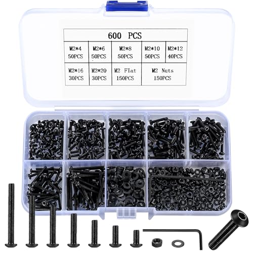 M2 Schrauben Set, 600 Stück Linsenkopf Innensechskantschrauben Muttern Set mit Unterlegscheiben Set, Schwarz Rundkopfschrauben und Muttern Sortiment Kit, Maschinenschrauben Gewindeschrauben Set von MYHongLe