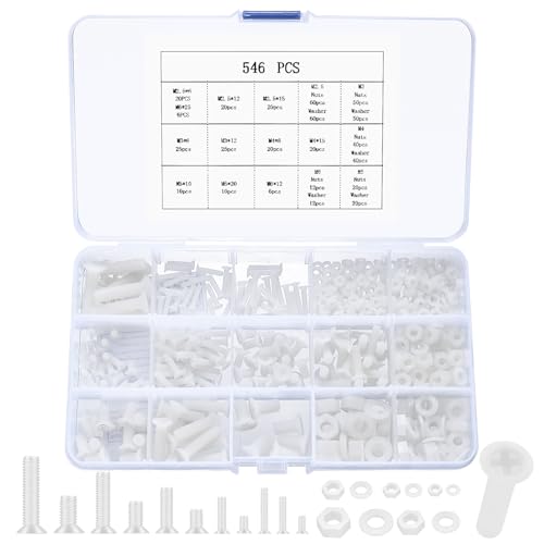 M2.5 M3 M4 M5 M6 Schrauben Set, 546 Stk Weiß Nylon Senkkopfschrauben Muttern Set und Unterlegscheiben Set, Kunststoff Kreuzschlitz Flachkopfschrauben und Muttern Set, metrische Gewindeschrauben Set von MYHongLe