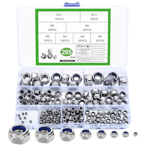 Sechskantmuttern Set, 205 Stk Selbstsichernde Muttern Sortiment Set, Sicherungsmuttern, Schraubenmuttern, Kohlenstoffstahl Sechskant Mutter, Gewindeeinsätze - M2 M3 M4 M5 M6 M8 M10 M12 von MYHongLe