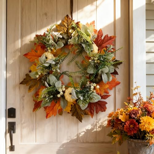 Herbstkranz mit Pfingstrose und Kürbis - Ganzjähriger Kranz Wiederverwendbarer Kürbis Herbstkranz Herbst Ahornblatt und Beeren Dekor Halloween(#01) von MYIHUIHUI