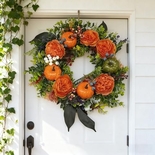 Herbstkranz mit Pfingstrose und Kürbis - Ganzjähriger Kranz Wiederverwendbarer Kürbis Herbstkranz Herbst Ahornblatt und Beeren Dekor Halloween(#02) von MYIHUIHUI
