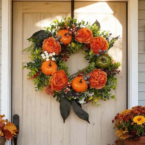 Herbstlicher Pfingstrosen- und Kürbiskranz – Ganzjähriger Kranz, Herbstkürbiskränze for die Haustür, for Halloween, Thanksgiving-Dekoration(#02) von MYIHUIHUI