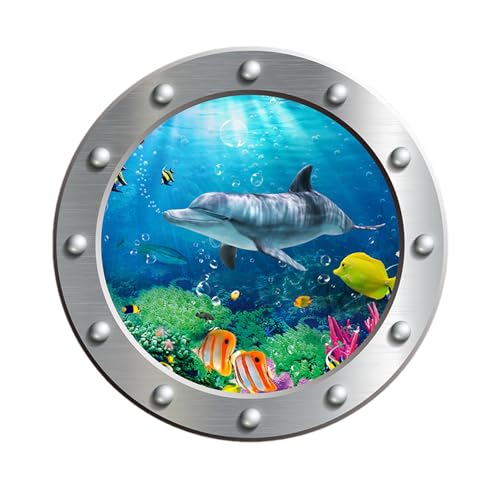 Bullaugen-Wandaufkleber | Wandsticker mit tropischen Fischen | Leuchtendes Bullauge, 3D-Meeresdelfin-Fensteraufkleber, Meerestier-Wandfensterdekoration für Fenster, Waschmaschine von MYJIO