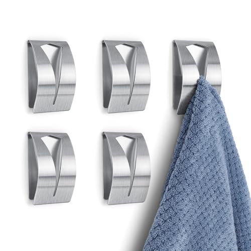 MYLERCT 5 Stücke Haken zum Kleben, Handtuchhaken Ohne Bohren, Edelstahl Badhaken Selbstklebend, Silber Adhesive Hooks, für Bad, Küche, und Wohnzimmer von MYLERCT