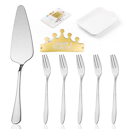 MYLERCT Tortenheber und Servier Set, 6 Stück Edelstahl Kuchenheber & Tortenheber, mit Geburtstagshut und Kerze, Cutlery für Alltag, Hochzeit und Geburtstage von MYLERCT