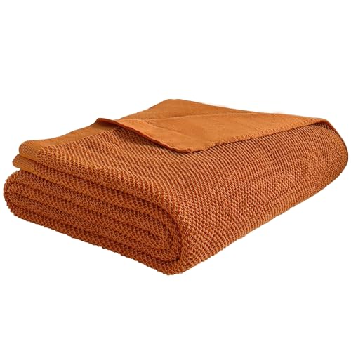 MH MYLUNE HOME Baumwolldecke Strickdecke Öko-Tex 127x152cm Kuscheldecke 100% Baumwolle Sofadecke Wohndecke Gehäkelte Decke Cotton Knitted Blanket-Karamell Orange 127 x 152 cm von MH MYLUNE HOME