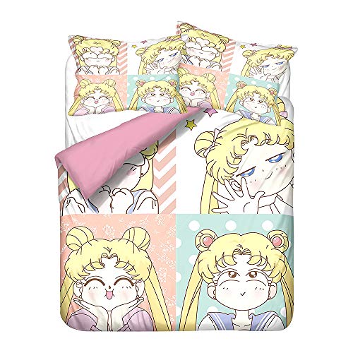 MYLZZ Anime Sailor Moon Bettbezug-Set, Mikrofaser, Bettbezug Und Kissenbezug Dreiteiliges Set, Kinder, Mädchen Bettwäsche-Set, Atmungsaktiv, Weich (L7,135x200CM+50x75CMx2) von MYLZZ
