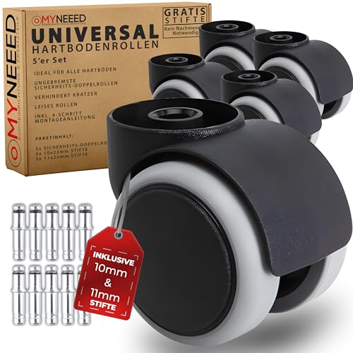 MYNEEED Universal Bürostuhl Rollen ohne Stifte, mit 10mm / 11mm Stifte - Hartbodenrollen Kratzerfrei und Leise - Bürostuhlrollen für Laminat Parkett Fliesen - Mit 4-Schritt Anleitung von MYNEEED