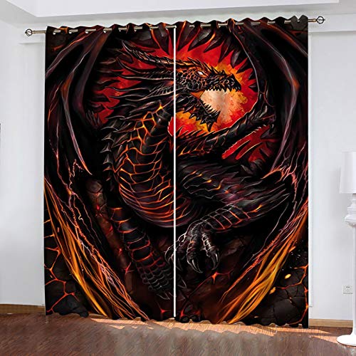 2Er Set Verdunkelungsvorhang Für Schlafzimmer, Thermogardinen Mit Ösen, 3D Cartoon-Flammender Drache Muster Verdunklungsvorhänge H 165 X B 200 cm Für Modern Kinderzimmer Wohnzimmer Fensterdekoration von MYPALL