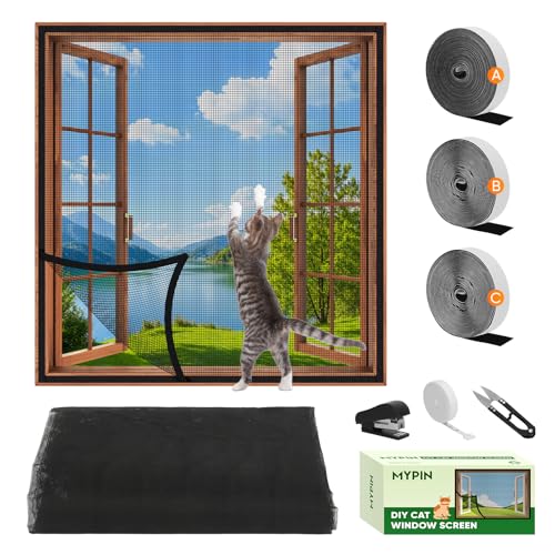 MYPIN Einstellbare Katzenschutz Fenster Netz Mit Selbstklebeband, DIY Größe, Katzennetz Balkon Fenster Transparent Netzgitter, Fliegengitter, Max. 130x150 cm, mit Lineal/Messer/Hefter (Schwarz) von MYPIN