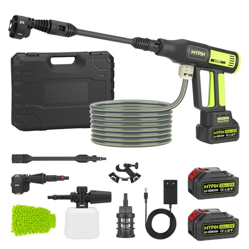 MYPIN Upgraded LED Display Tragbarer kabelloser Hochdruckreiniger, 725 PSI 21V 2 Batterien Wiederaufladbarer Akku Druckreiniger, 6-in-1 Düse für Auto Boden Wand Zaun Reinigung von MYPIN